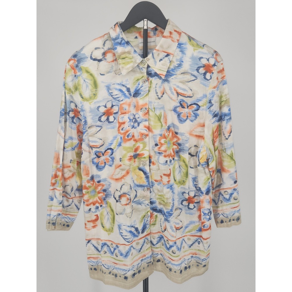 Alfred Dunner Woman Floral Cotton Button Front Shirt Blue Orange 20W 3/4 Sleeve